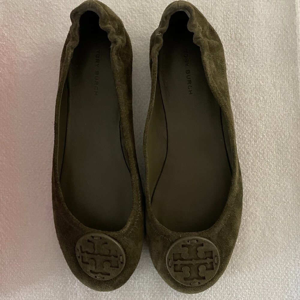 Tory Burch Suede Minnie Flats Size-7 Aneto (dark olive green)